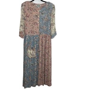 VTG Liza Lynn Pink Floral Colorblock Prairie Crinkle Maxi Button Dress Sz M